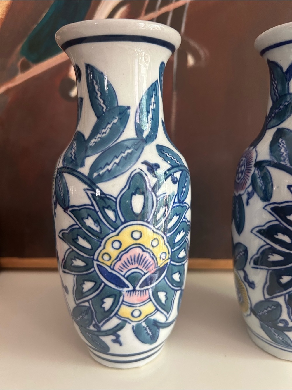 Pair Blue White Floral Ceramic Bud Vases Teal Pink Yellow Chinoiserie Decor - Picture 12 of 16